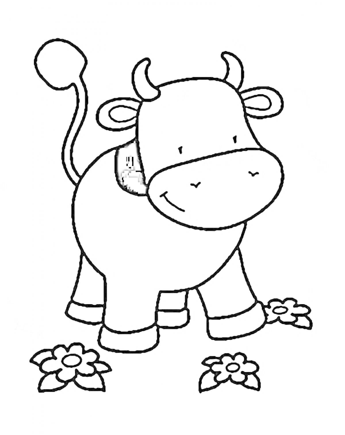 На раскраске изображено: Бычок, Корова, Цветы, Для детей