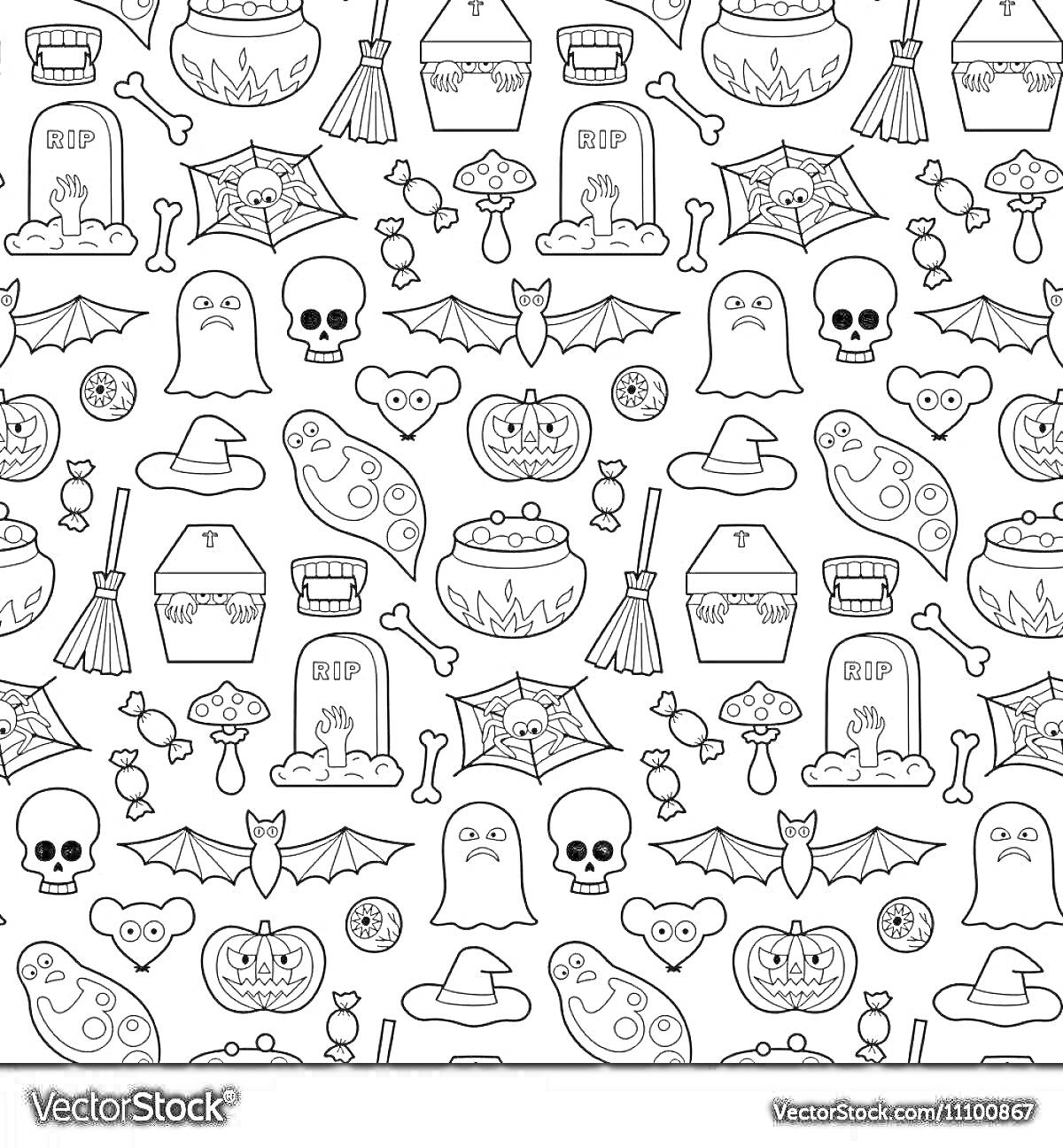 Раскраска элементы на тему Хэллоуин (летучие мыши, паутина, тыквы, привидения, черепа, зомби, ведьмыны шляпы, конфеты, магические шары, могильные плиты, метлы, зелья, кошачьи головы)