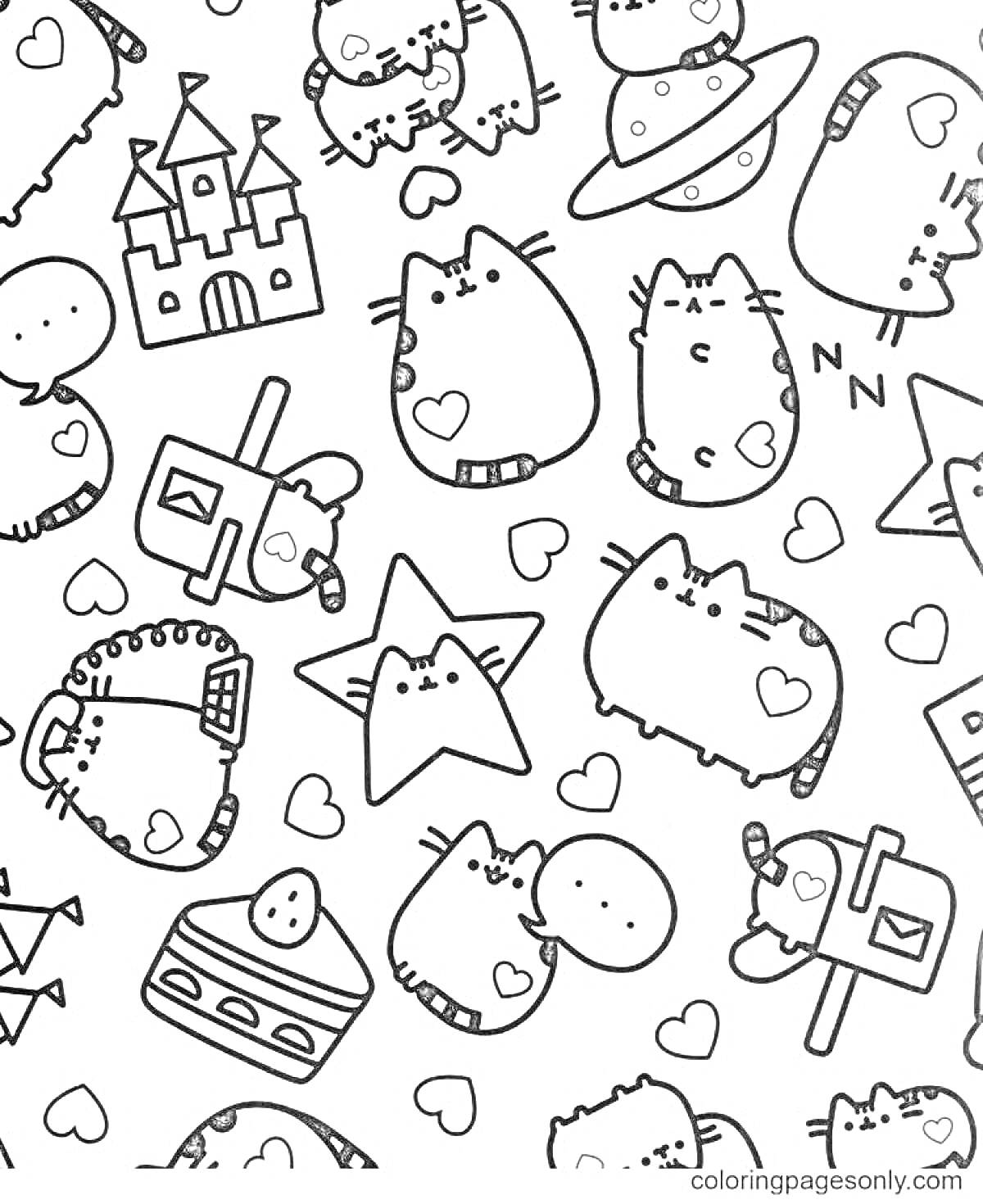 Раскраска Коты Пушины с замком, космическим кораблем, тортиком и сердечками