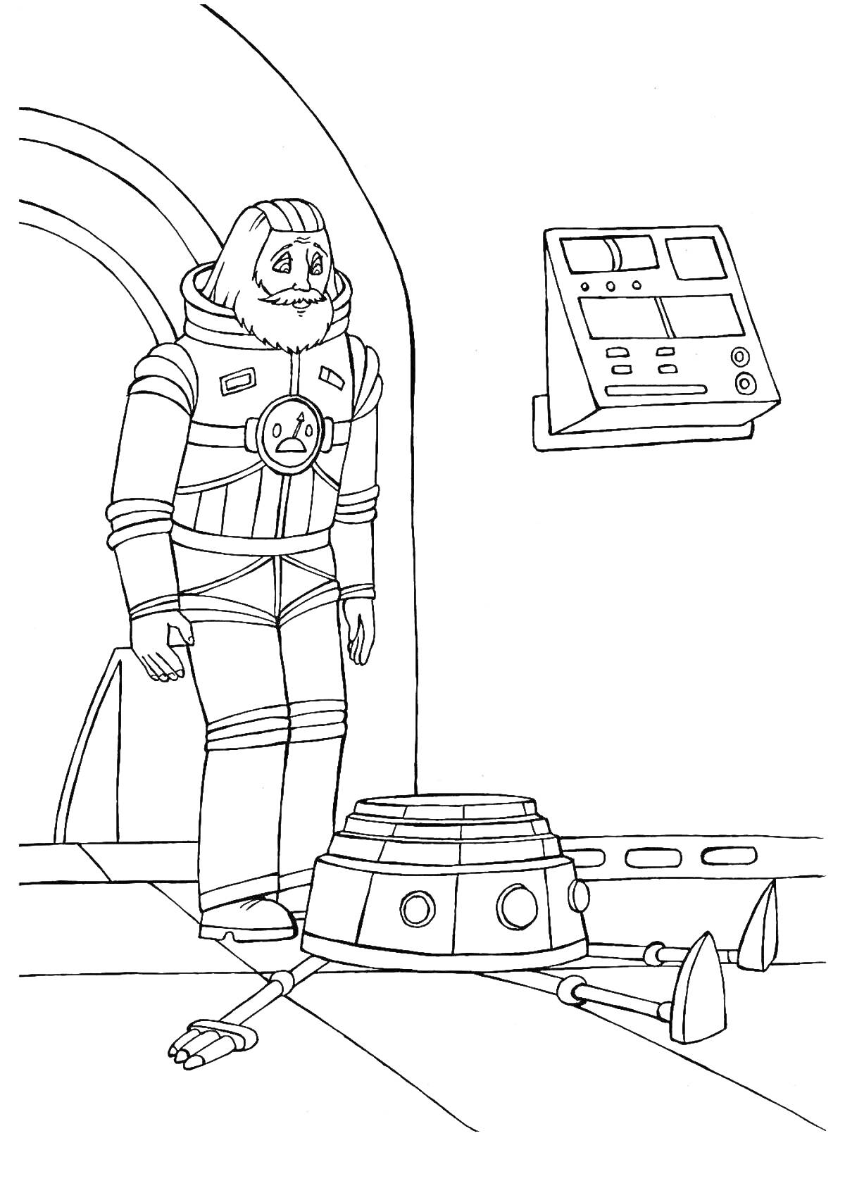 Раскраска Космонавт и робот в космическом корабле