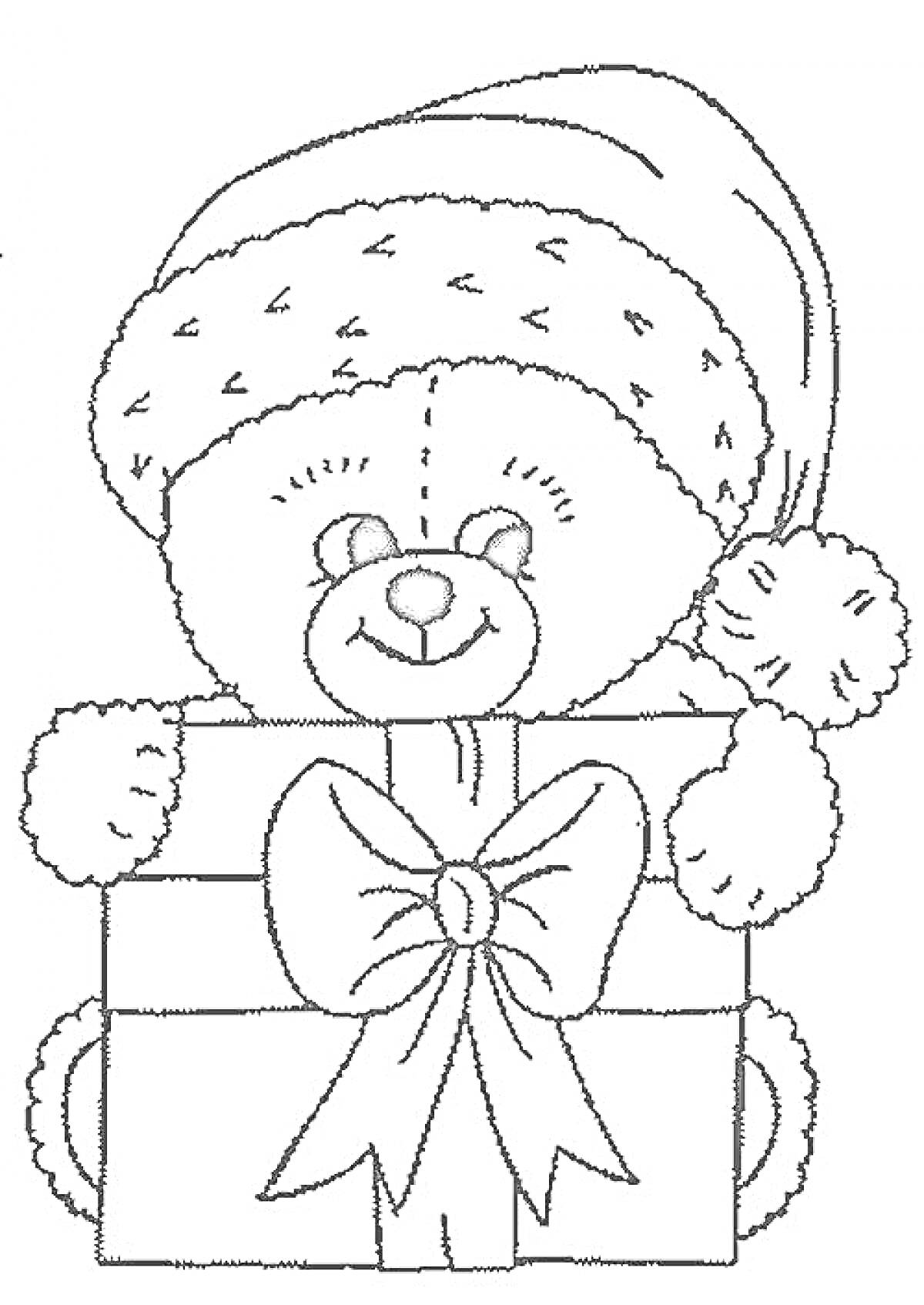 На раскраске изображено: Медведь, Новогодняя шапка, Бант, Подарки, Праздники