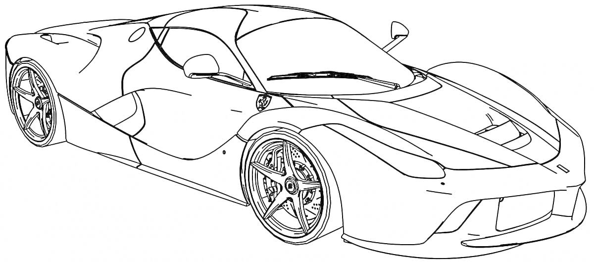 Раскраска Гоночный автомобиль Феррари, вид сбоку, с детализированными колесами и линиями кузова