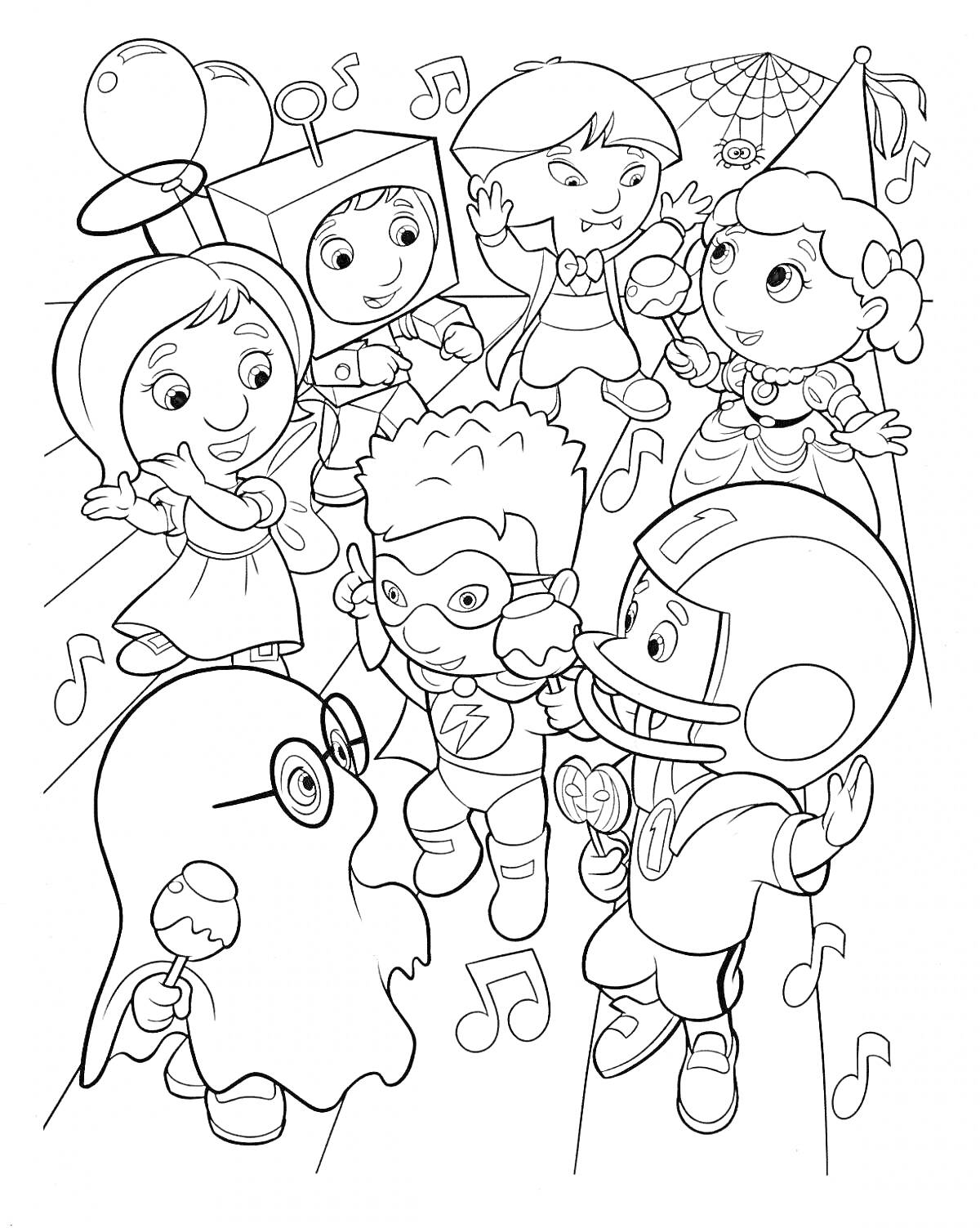Раскраска Детская маскарадная вечеринка на Хэллоуин с персонажами в костюмах привидения, робота, супергероя, феи, клоуна и футболиста, на фоне нот и паутины.