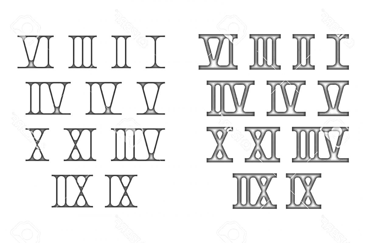 Римские цифры I, II, III, IV, V, VI, VII, VIII, IX, X, XI, XII