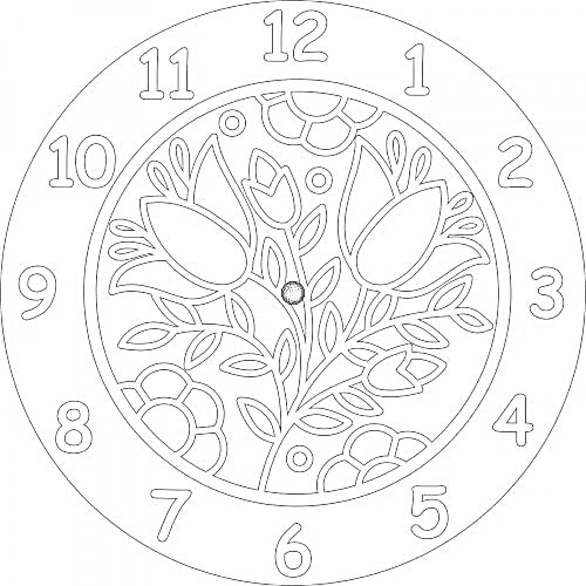 На раскраске изображено: Циферблат, Часы, Цветы, Листья