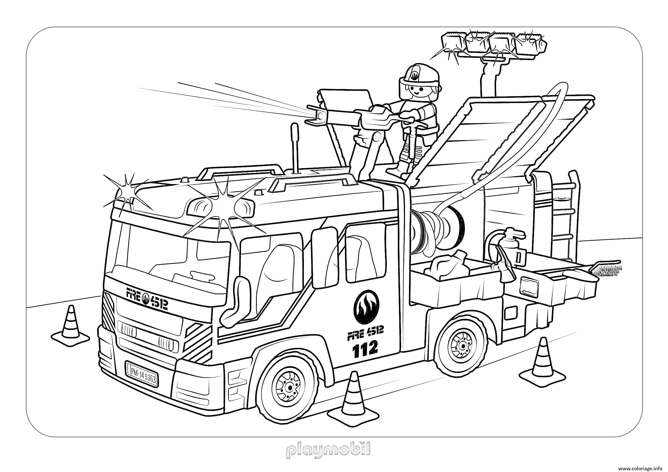 На раскраске изображено: Пожарная техника, Пожарная машина, Конусы