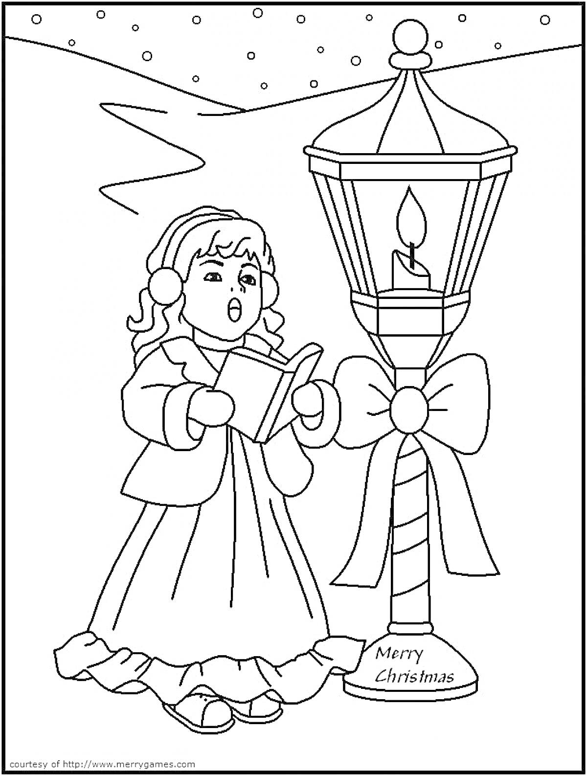 Раскраска Девочка с нотой, фонарь с горящей свечой и надпись 