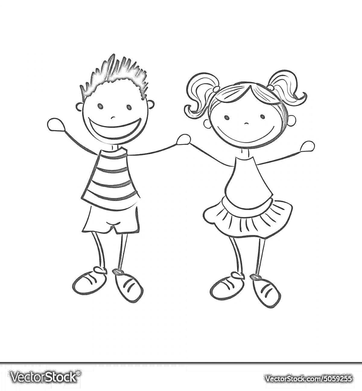 На раскраске изображено: Мальчик, Девочка, Держатся за руки, Дружба, Полосатая футболка, Шорты, Майка, Улыбка, Обувь