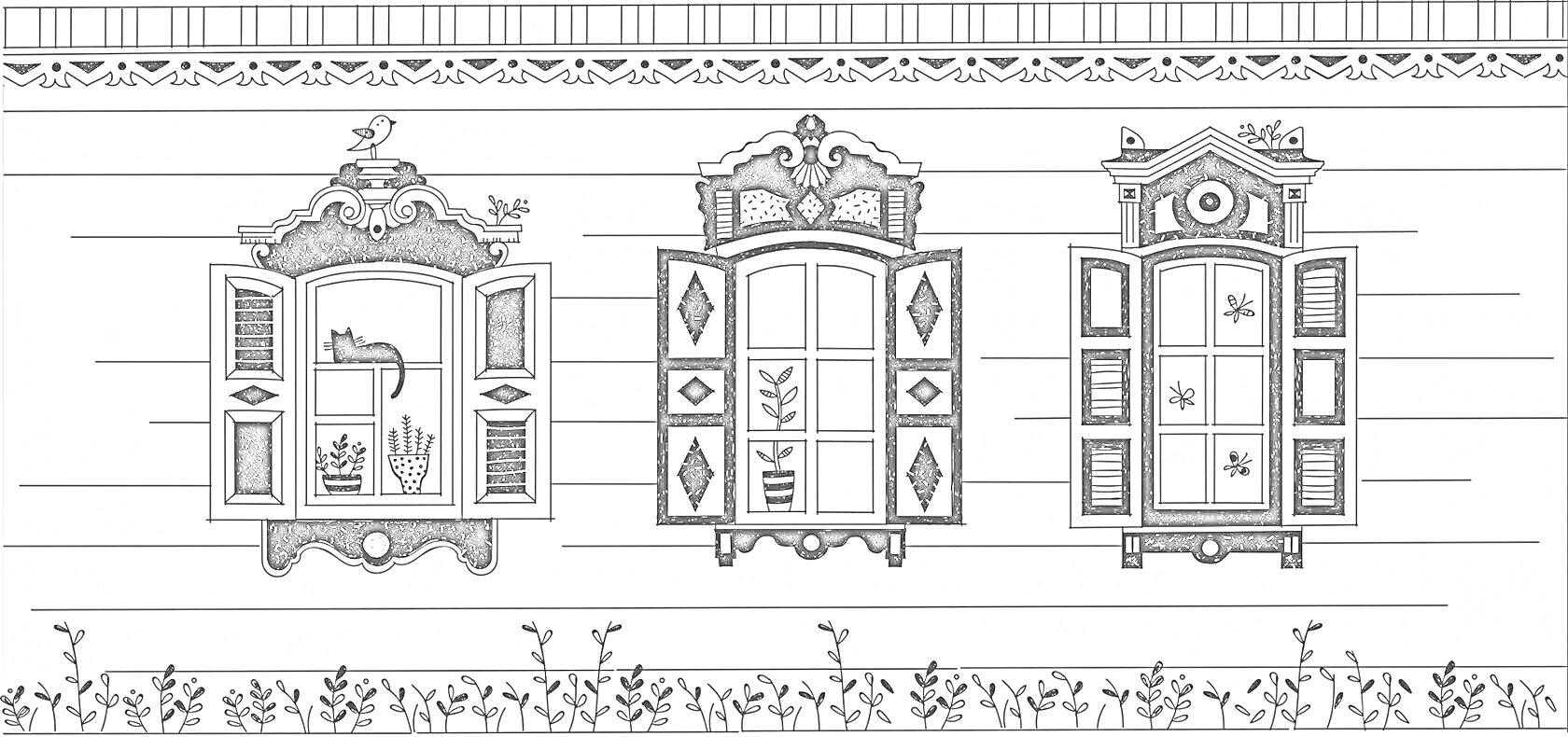 Раскраска Три окна со ставнями и декоративными элементами (птицы, растения, ромбы) на деревянной стене с орнаментальной каймой сверху и снизу.