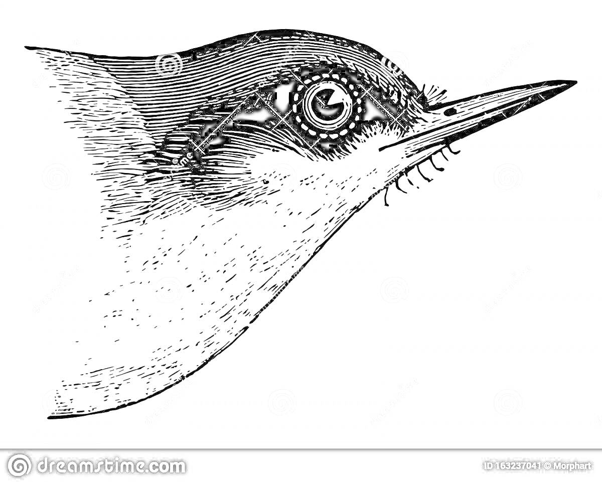 Раскраска Черно-белая раскраска головы поползня с детальной прорисовкой пера и глаза
