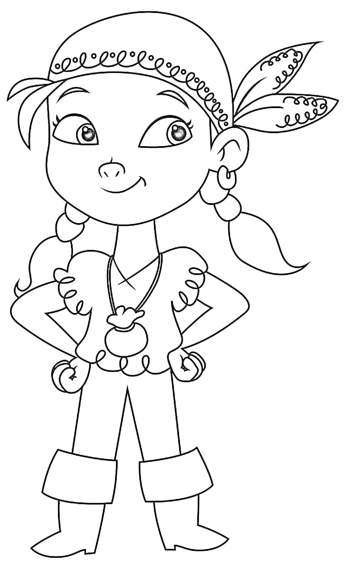Раскраска Девочка-пират в бандане с подвеской на шее и серьгами
