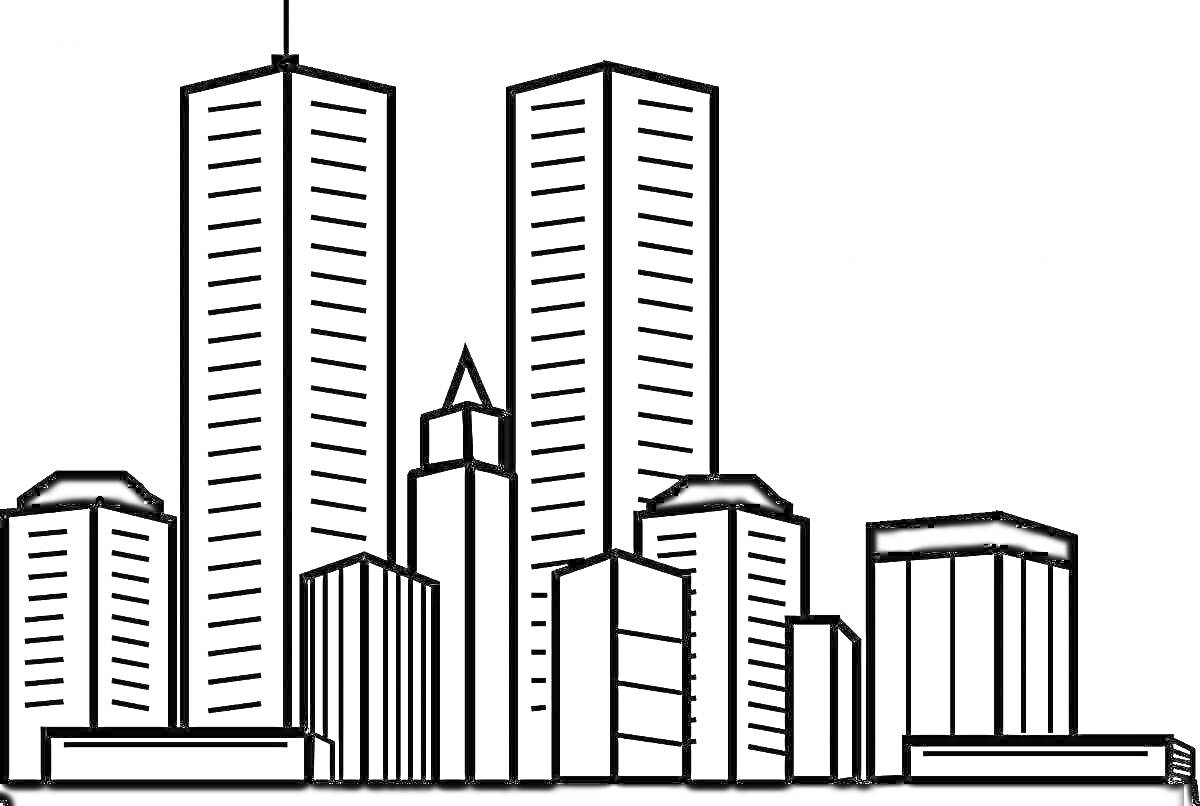 Раскраска Современный город с высотными зданиями и небоскребами