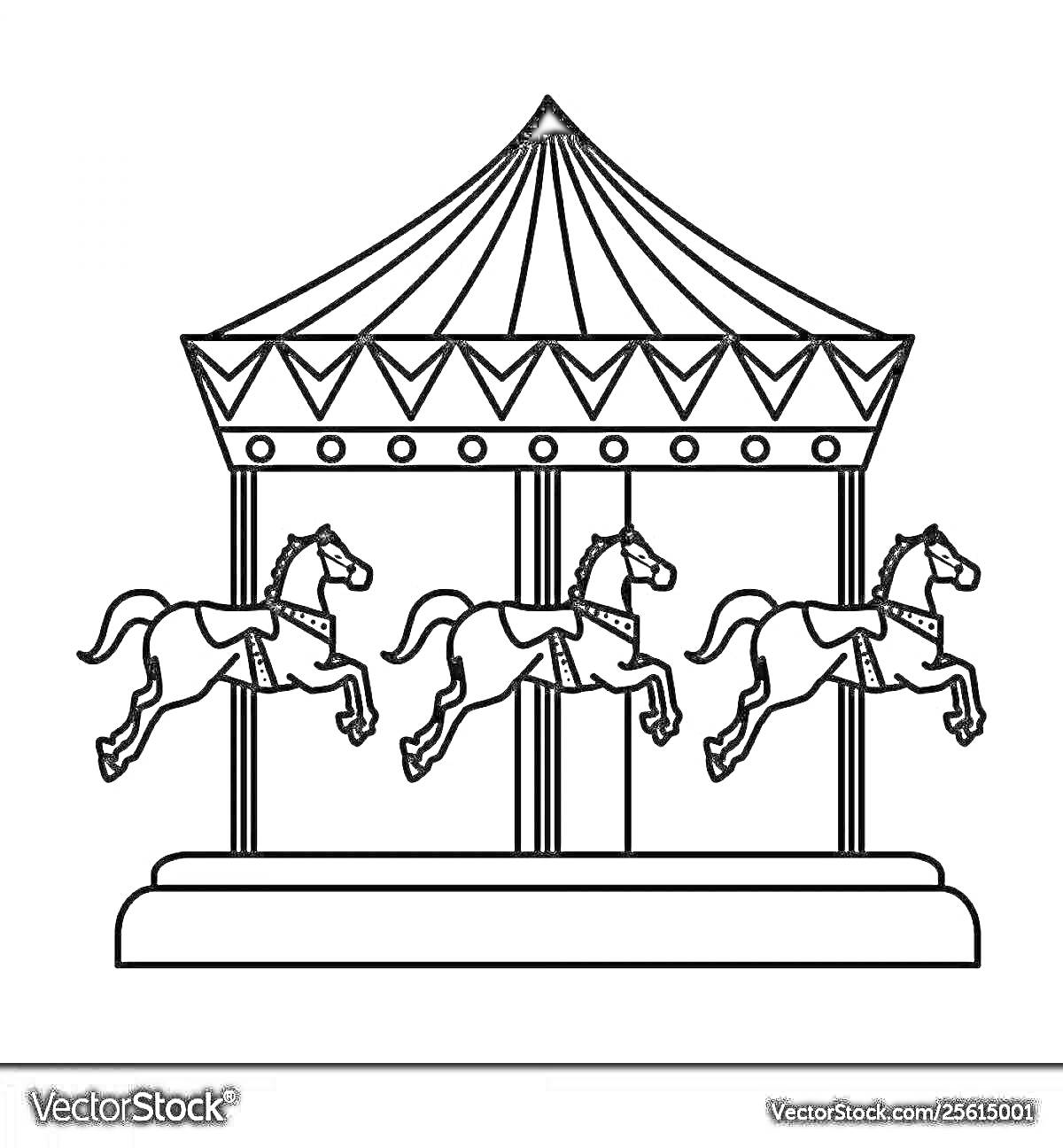 Раскраска Карусель с тремя лошадками под шатром