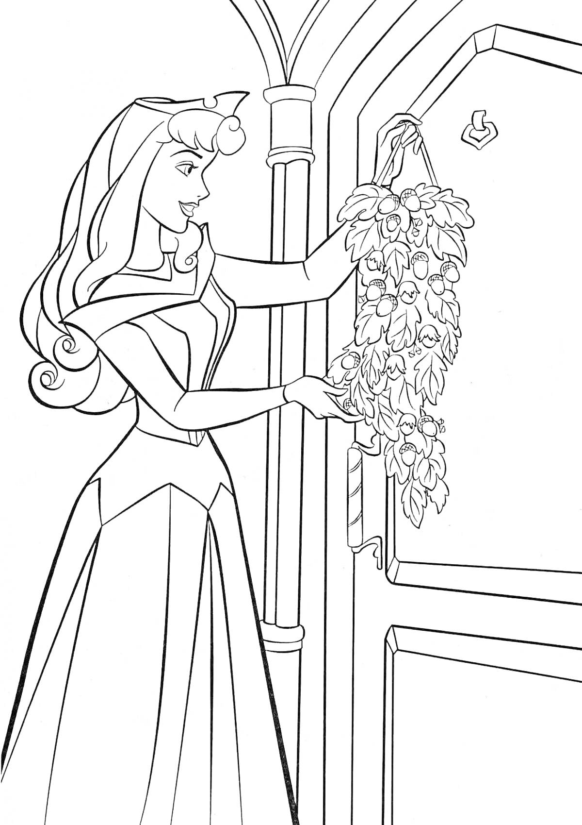 Раскраска Принцесса, вешает цветочный венок на дверь замка