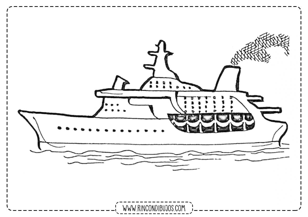 На раскраске изображено: Теплоход, Корабль, Море, Вода, Дым, Труба, Транспорт, Судно