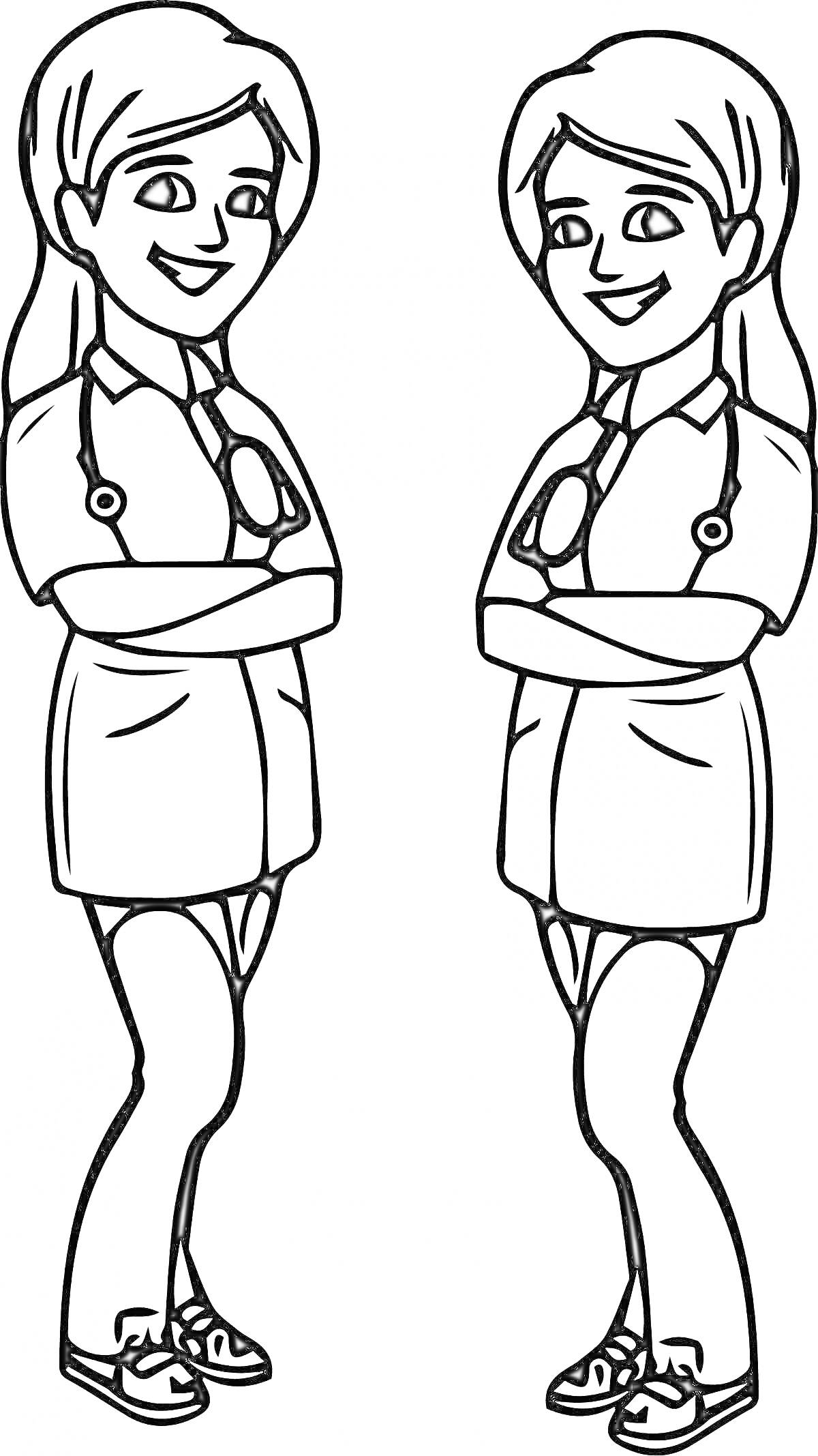 Раскраска Две девушки-врачи в медицинских халатах со стетоскопами на шее