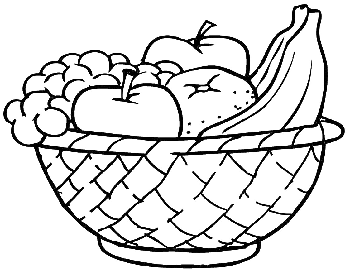 Раскраска Корзина с фруктами (виноград, яблоки, бананы, апельсин)