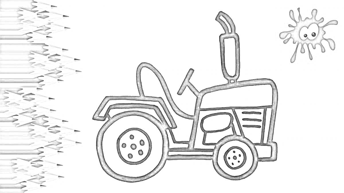 Раскраска синий трактор с большими колесами и выхлопной трубой в поле, чернильное пятно с глазками