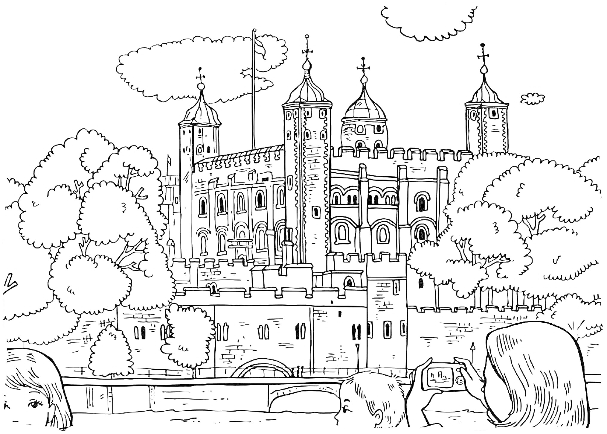 На раскраске изображено: Лондон, Крепость, Замок, Башни, Туристы, Фотоаппарат, Деревья, Небо, Облака