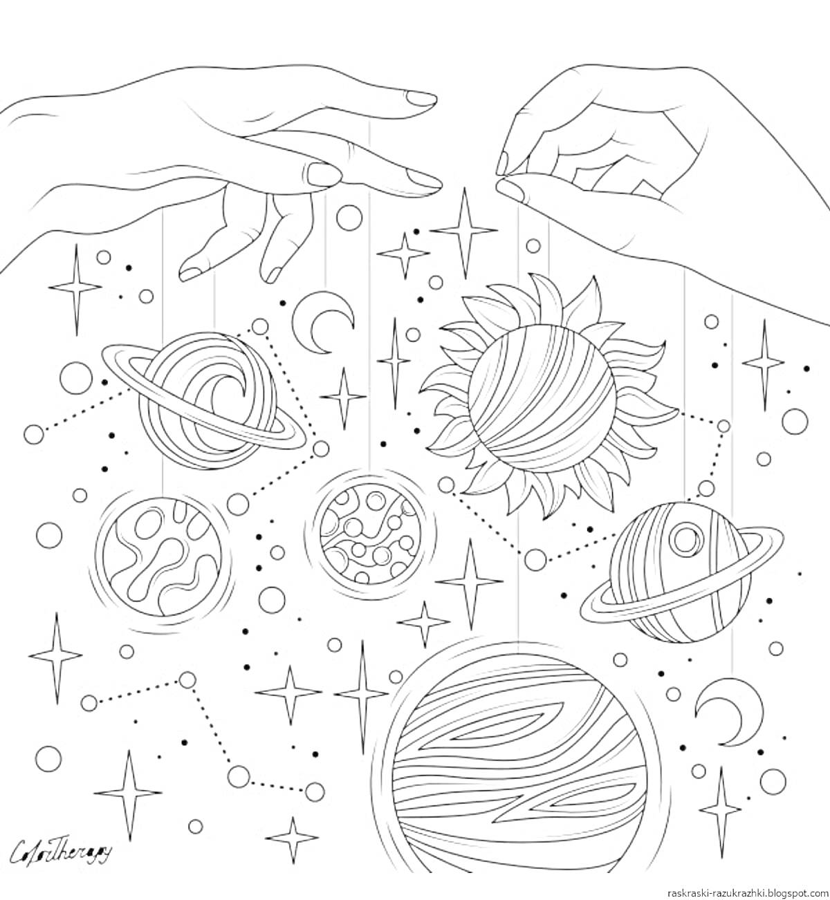 Раскраска Руки, звезды, планеты, звезды, линии, точечная линия, солнечная система, солнце