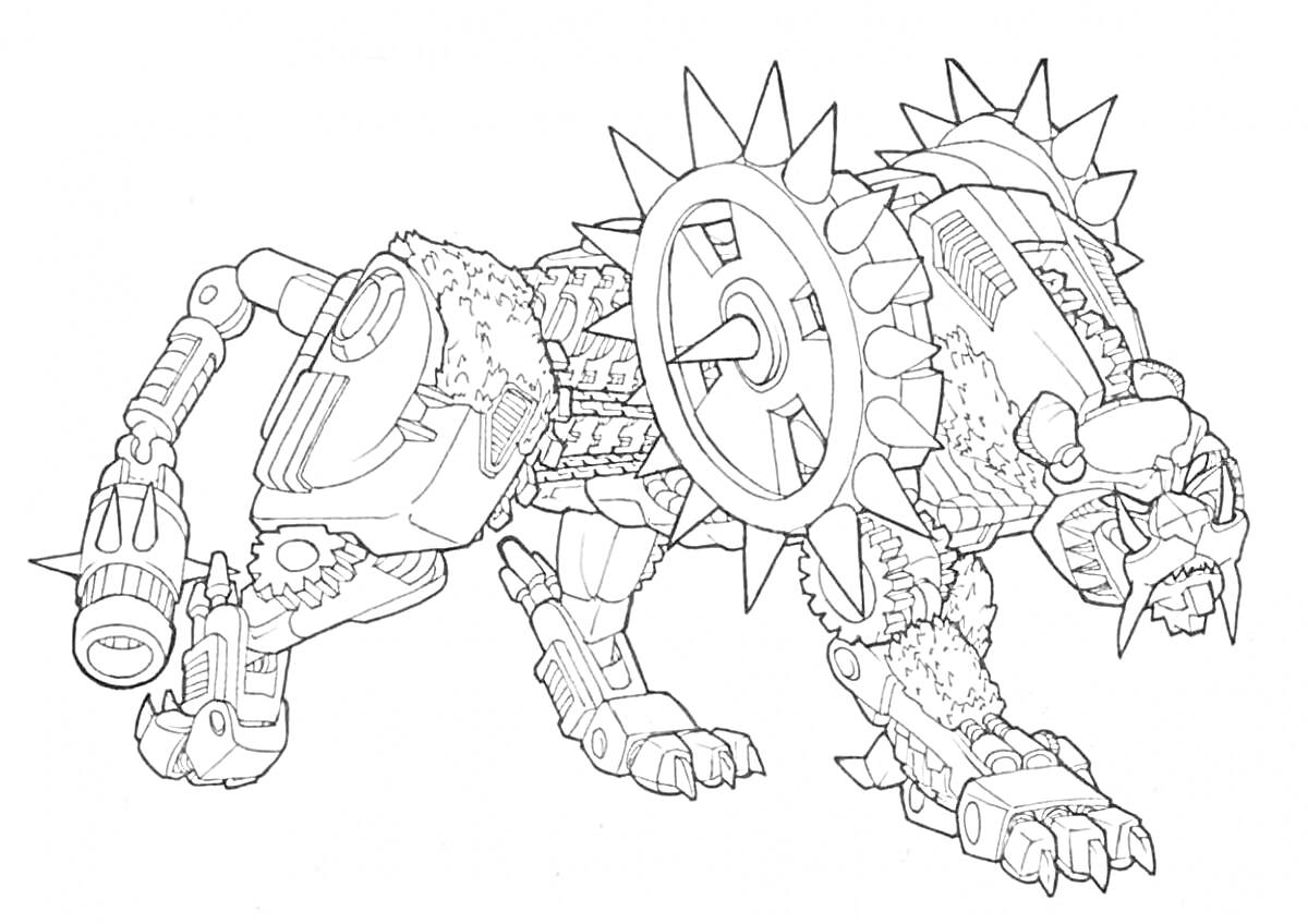 Раскраска Роботизированное механическое существо с шипами и колесом