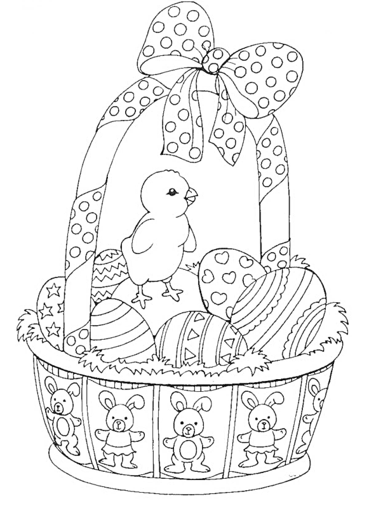 Раскраска Цыпленок в корзине с яйцами и бантом, украшенной зайцами