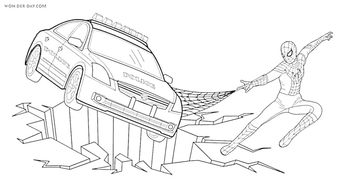 Раскраска Человек-паук вытягивает полицейскую машину из трещины в земле при помощи паутины