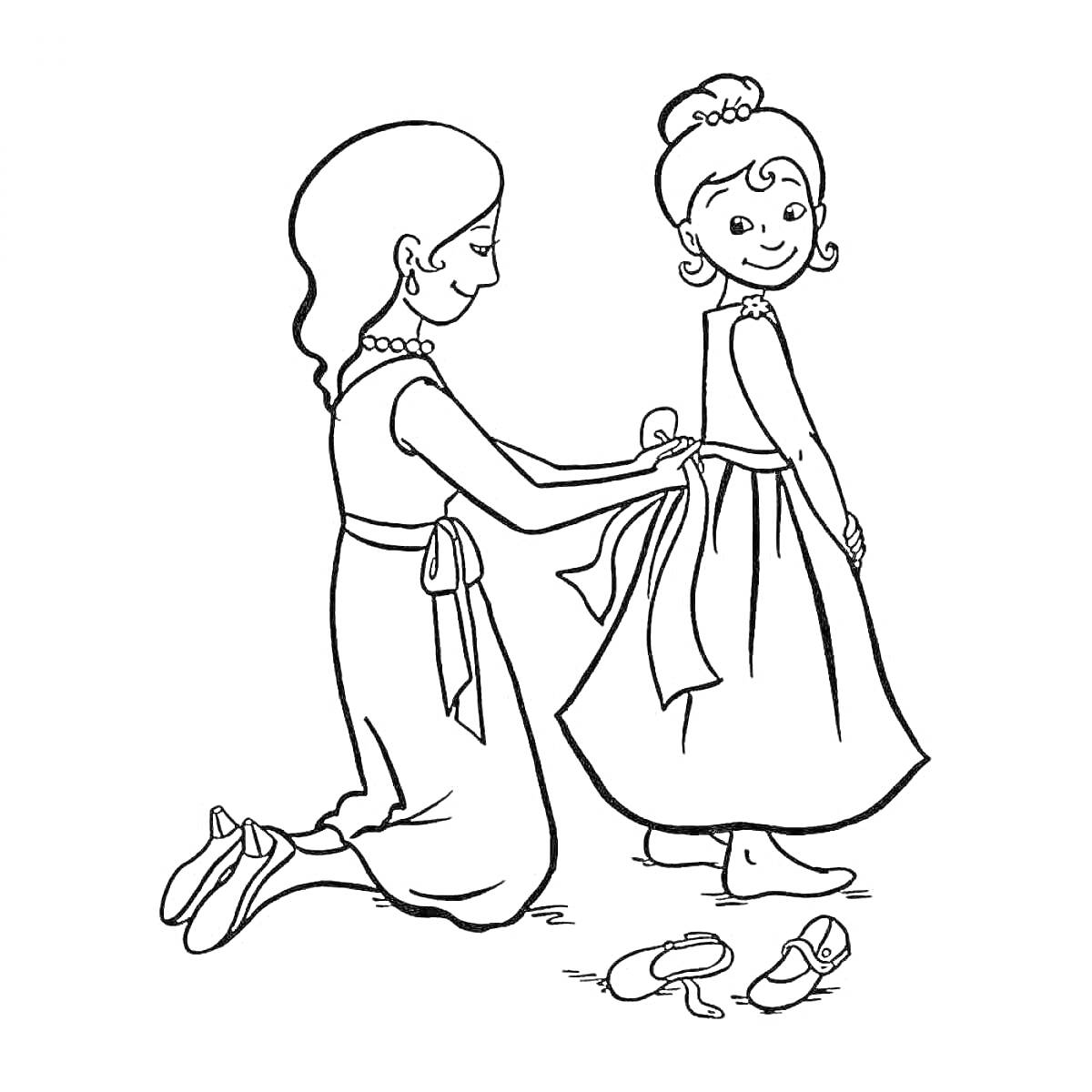 Раскраска мама помогает дочери надеть платье, туфли на полу