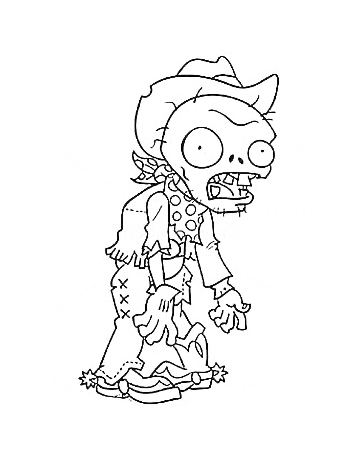 Раскраска Зомби-ковбой в шляпе, рубашке, шейном платке и поношенных брюках с дырками