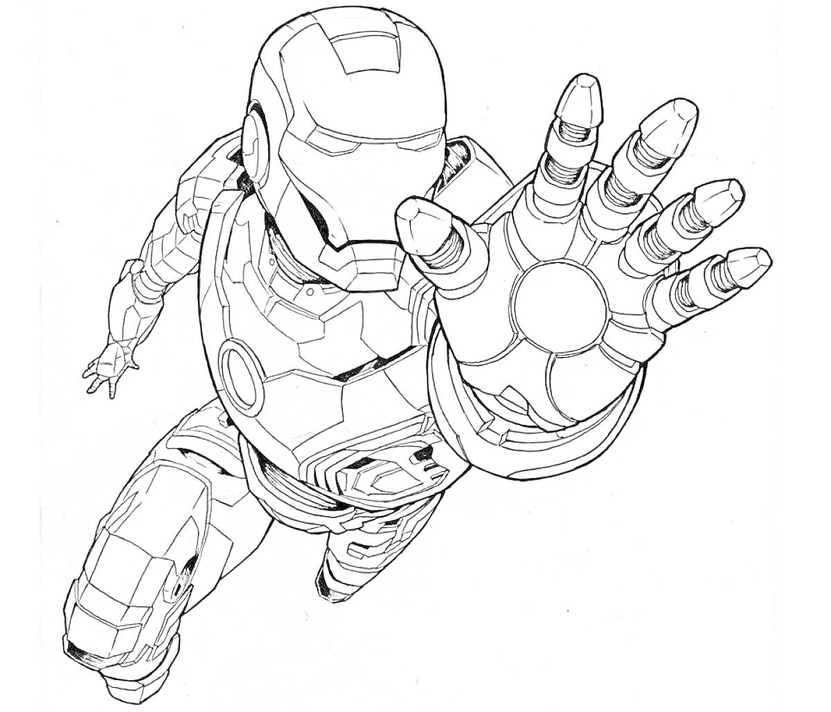 Раскраска Железный человек в костюме, поднятая рука с раскрытой ладонью, полет, линии на костюме