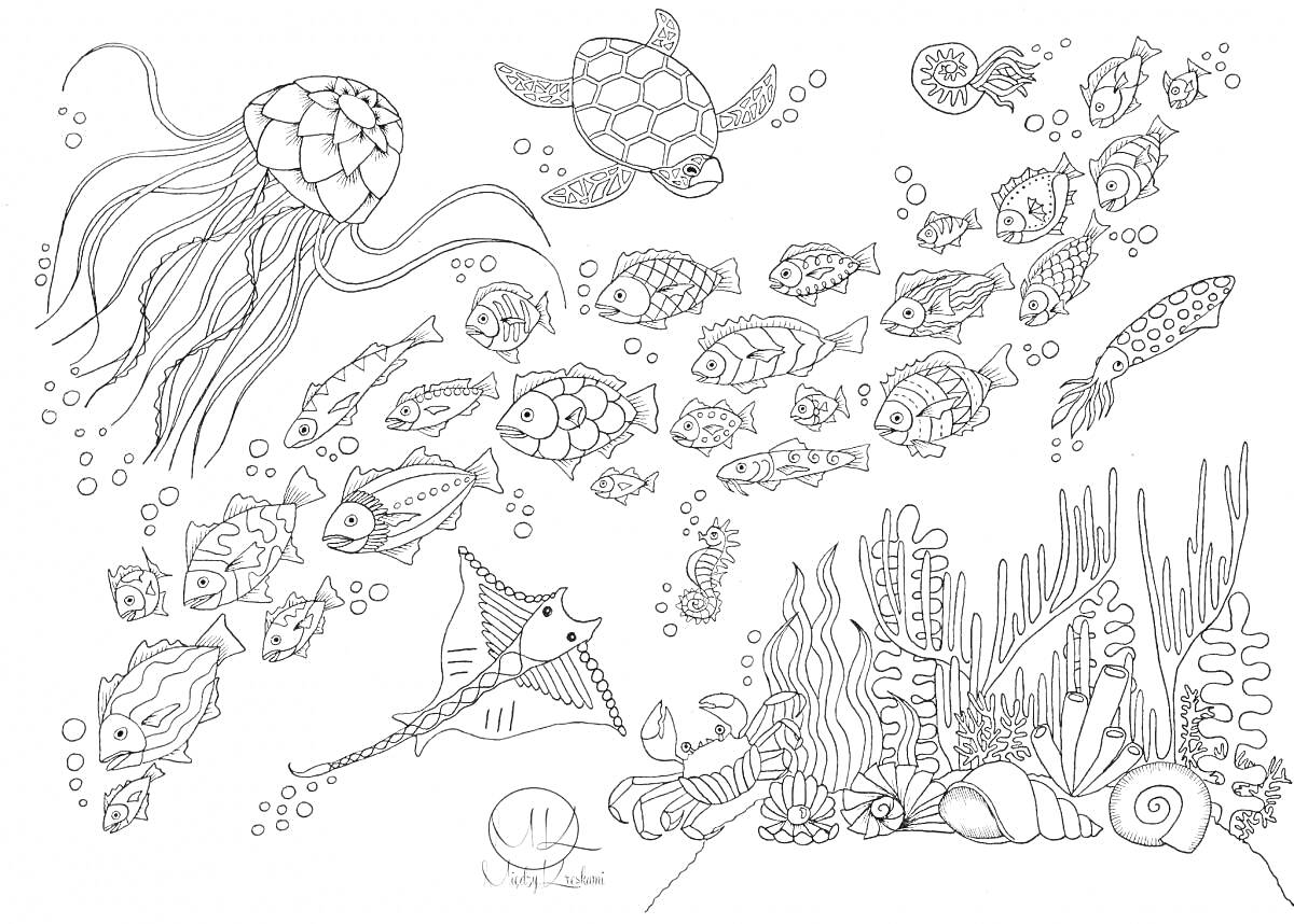 На раскраске изображено: Медуза, Морская черепаха, Скат, Морской конек, Кальмар, Кораллы, Водоросли, Пузыри, Подводный мир, Морская жизнь