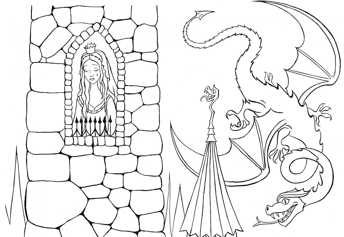 На раскраске изображено: Принцесса, Дракон, Фэнтези, Окна, Каменная стена, Корона, Крылья, Огонь
