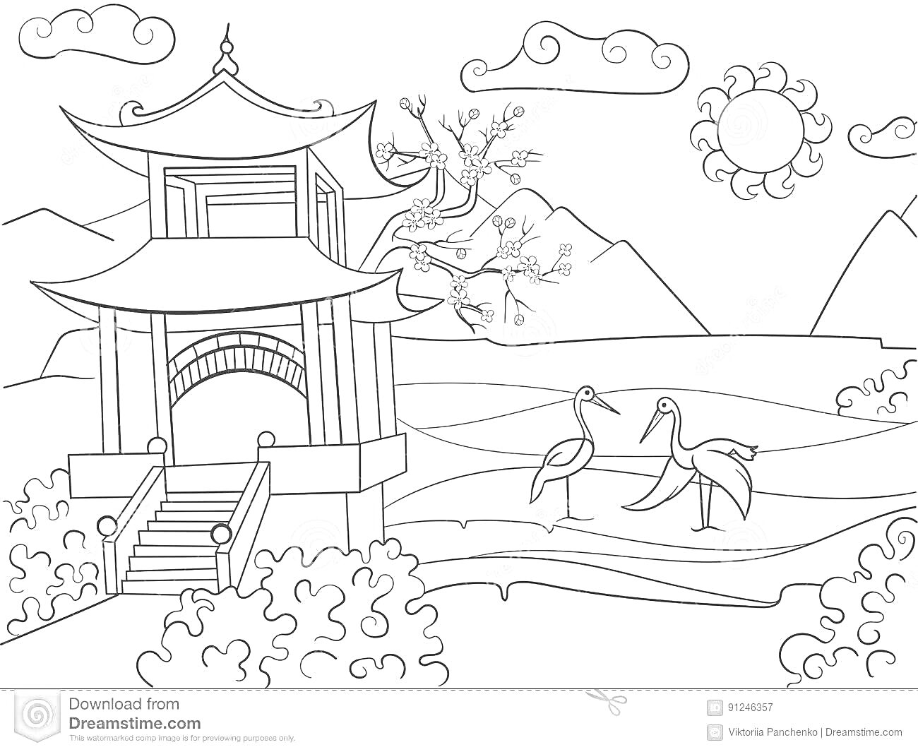 Раскраска Пагода, журавли, дерево на фоне гор, облака и солнце
