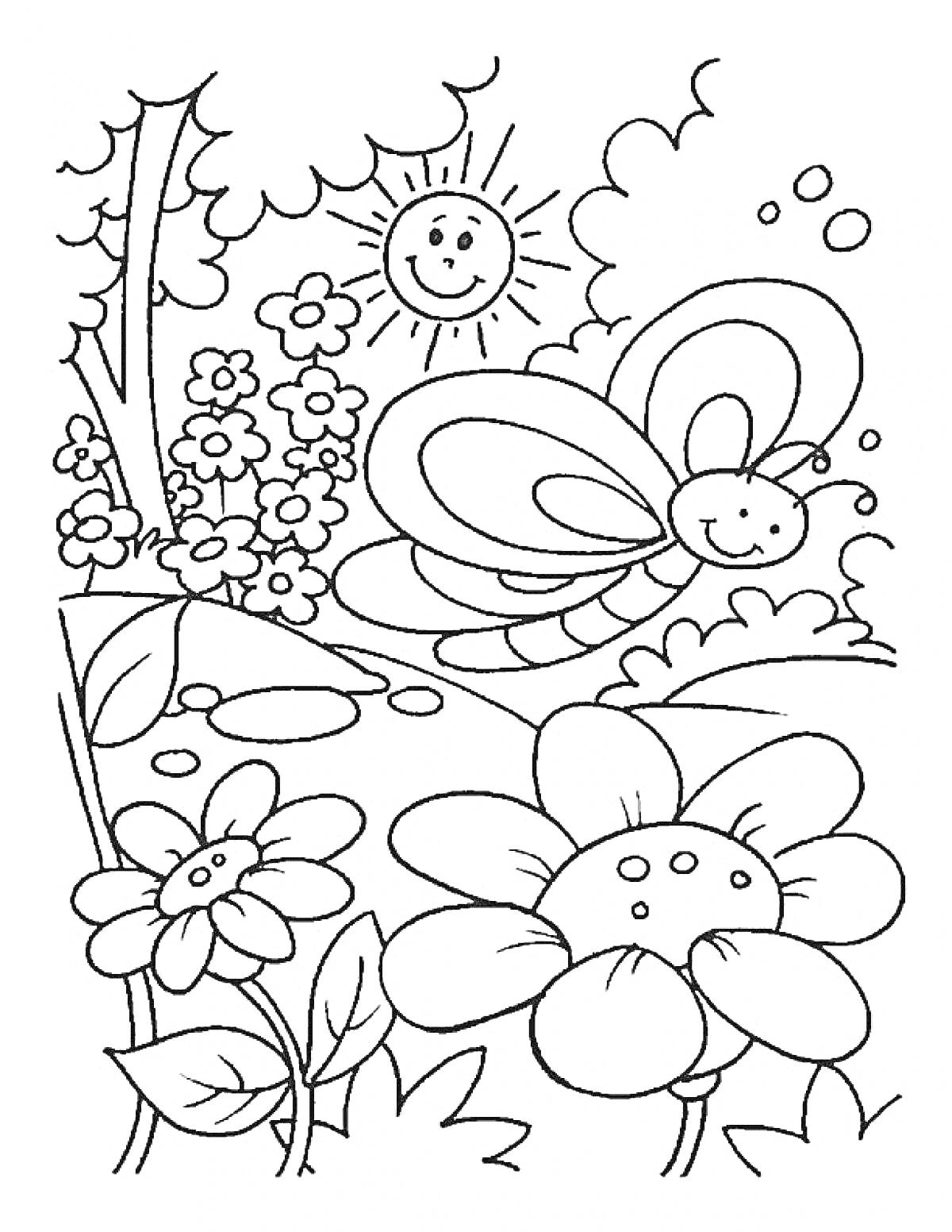 На раскраске изображено: Лето, Солнце, Цветы, Пчелка, Природа, Радость, Сад, Кусты, Деревья