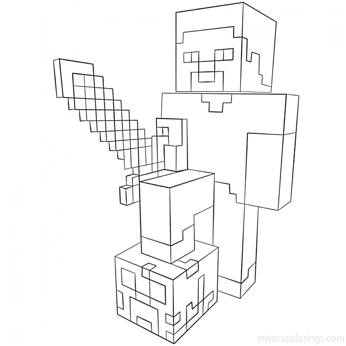 На раскраске изображено: Minecraft, Персонаж, Меч, Пиксель-арт, Блоки