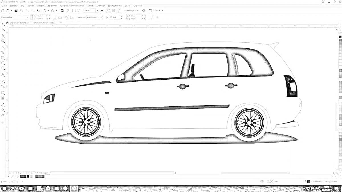 Раскраска Контур автомобиля Лада Калина вид сбоку с деталями кузова, колесами и боковыми окнами