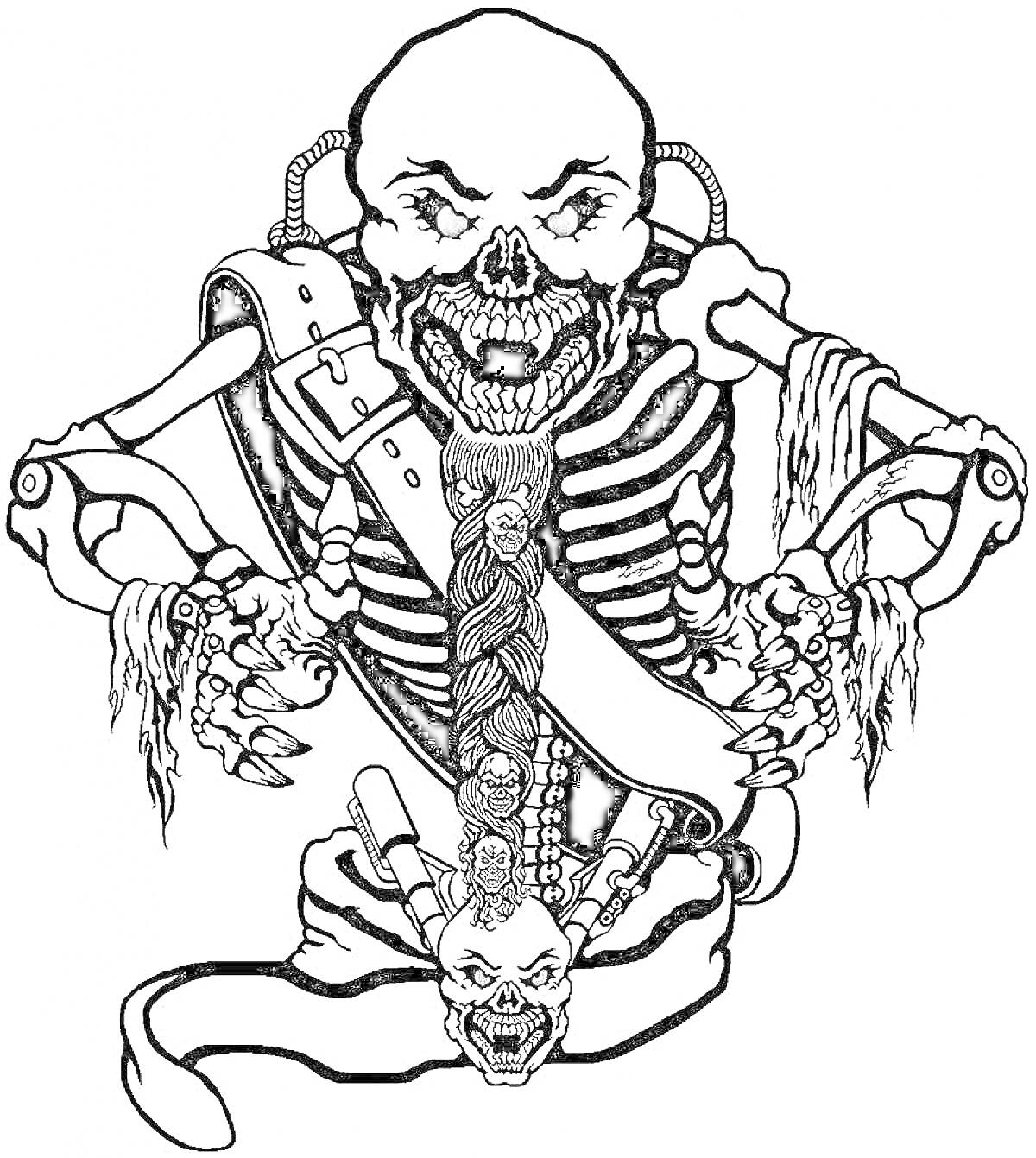 Раскраска Скелет с красными глазами, ремнем через плечо, металлическими трубками на спине и черепом на поясе
