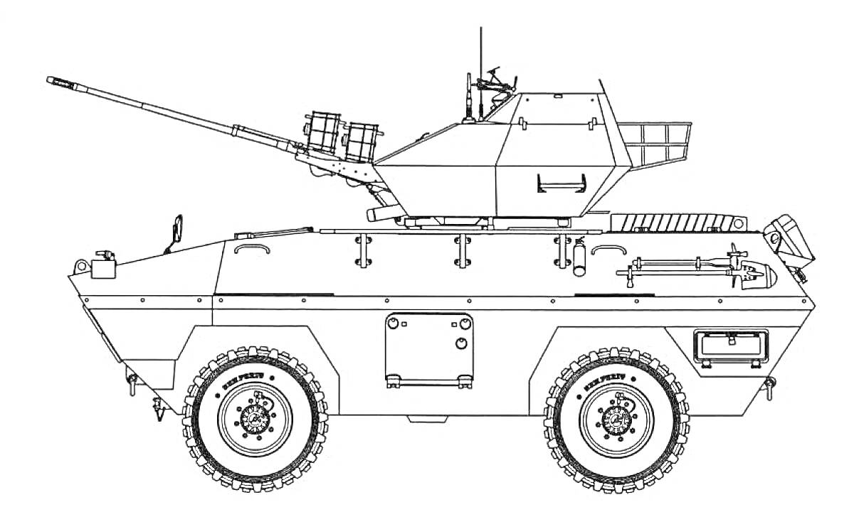 Раскраска Боевой транспортёр с пушкой, антенной и деталями корпуса