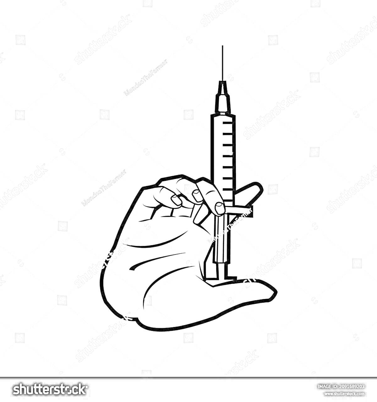 На раскраске изображено: Рука, Шприц, Вакцинация, Медицина, Инъекция, Медицинский инструмент, Здоровье, Безопасность