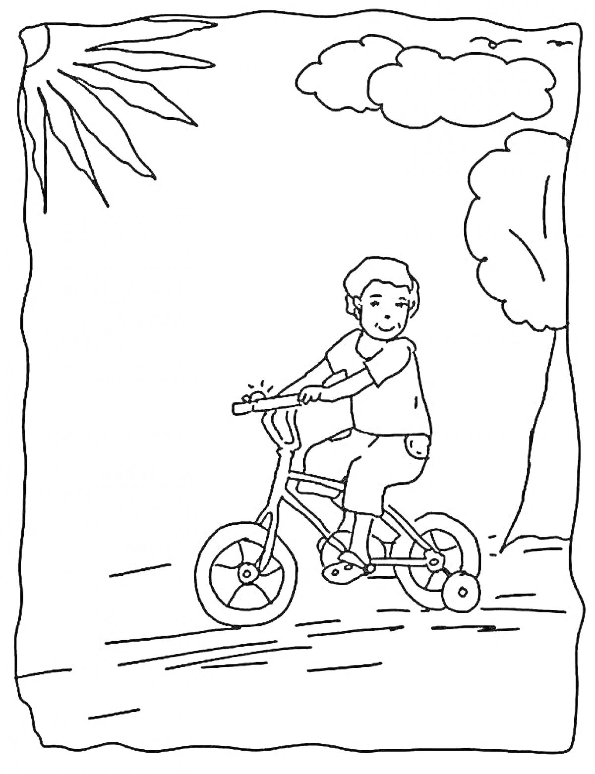 На раскраске изображено: Мальчик, Велосипед, Солнце, Облака, Природа, Спорт, Активность, Для детей, Деревья, Дороги