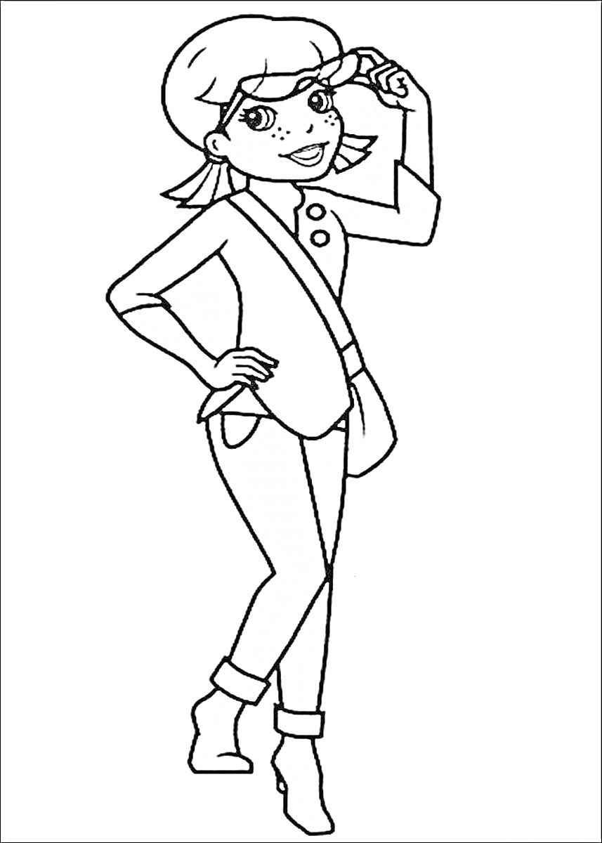 Раскраска Девочка с короткими волосами в пиджаке и джинсах, позирует в стойке с рукой на колпачке