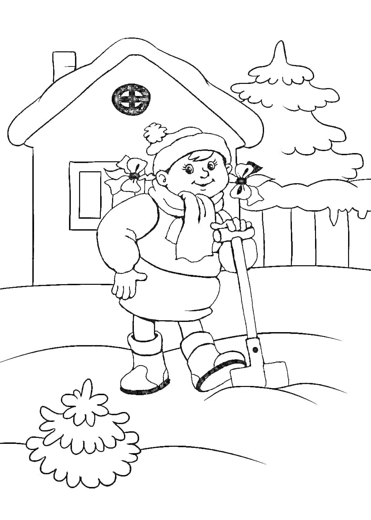 На раскраске изображено: Ребёнок, Лопата, Дом, Зима, Снег, Деревья, Забор, Шапка, Шарф, Рукавицы