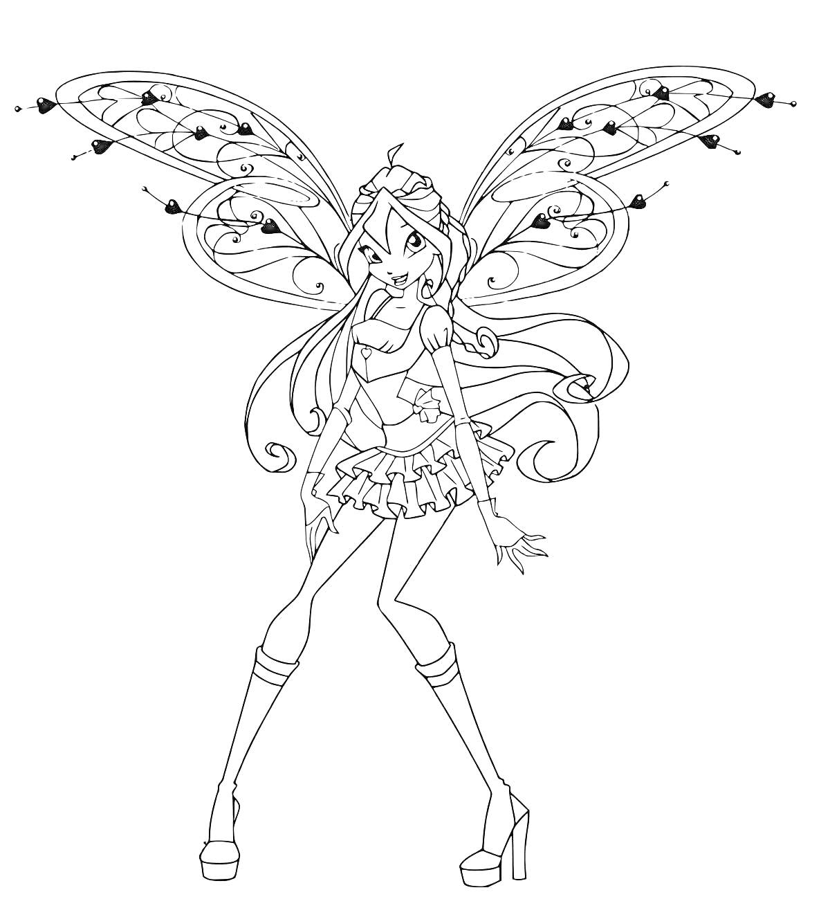 Раскраска Фея с крыльями и длинными волосами, в топе и юбке, на высоких каблуках