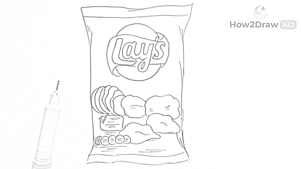 Раскраска Пакет чипсов Lay's с изображением чипсов на фоне, рядом расположен синий карандаш