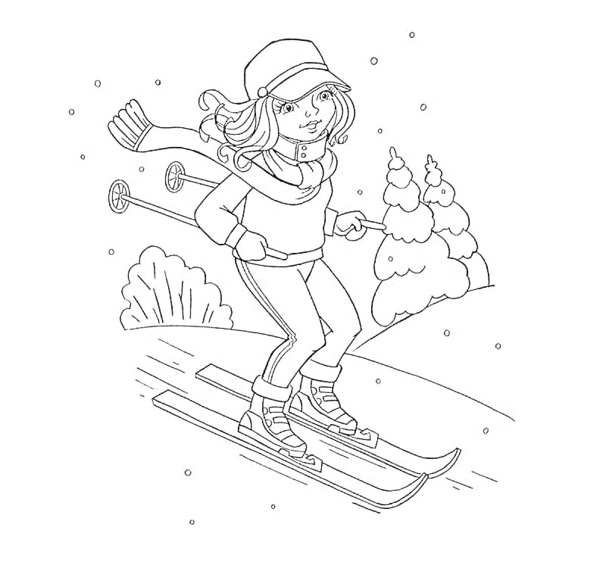 Раскраска Мальчик на лыжах едет по заснеженному склону, в шапке и шарфе, с лыжными палками, на заднем плане деревья и снег