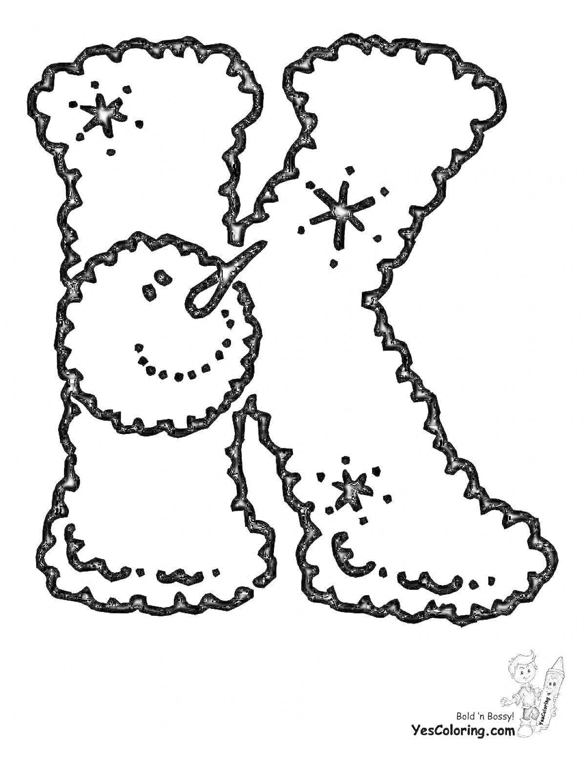На раскраске изображено: Снежинки, Буквы, Новый год, Снеговики