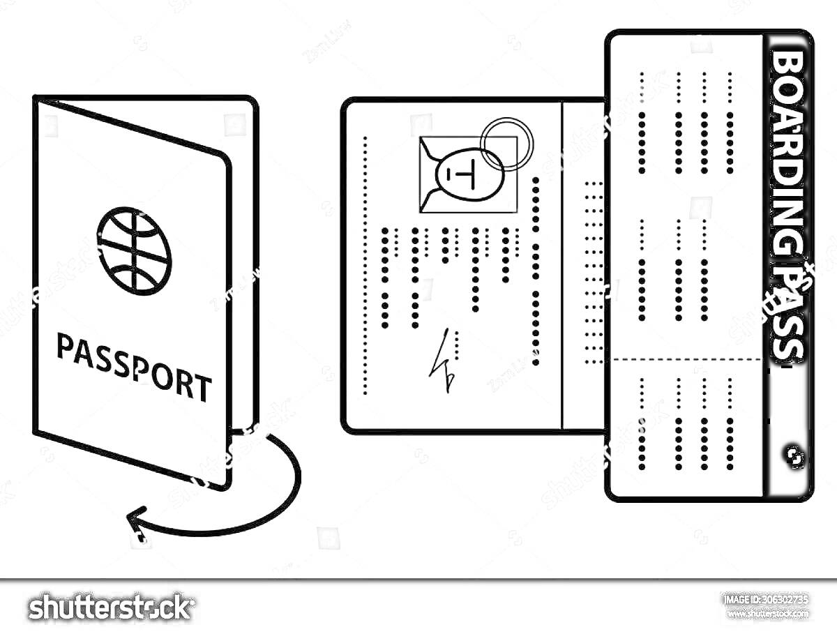 Раскраска Паспорт и посадочный талон — обложка паспорта, страница паспорта с информацией и фотографией, посадочный талон
