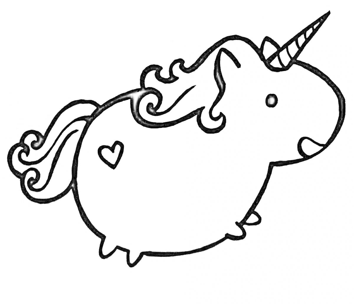 Раскраска Единорог с сердечком и завитками на гриве и хвосте