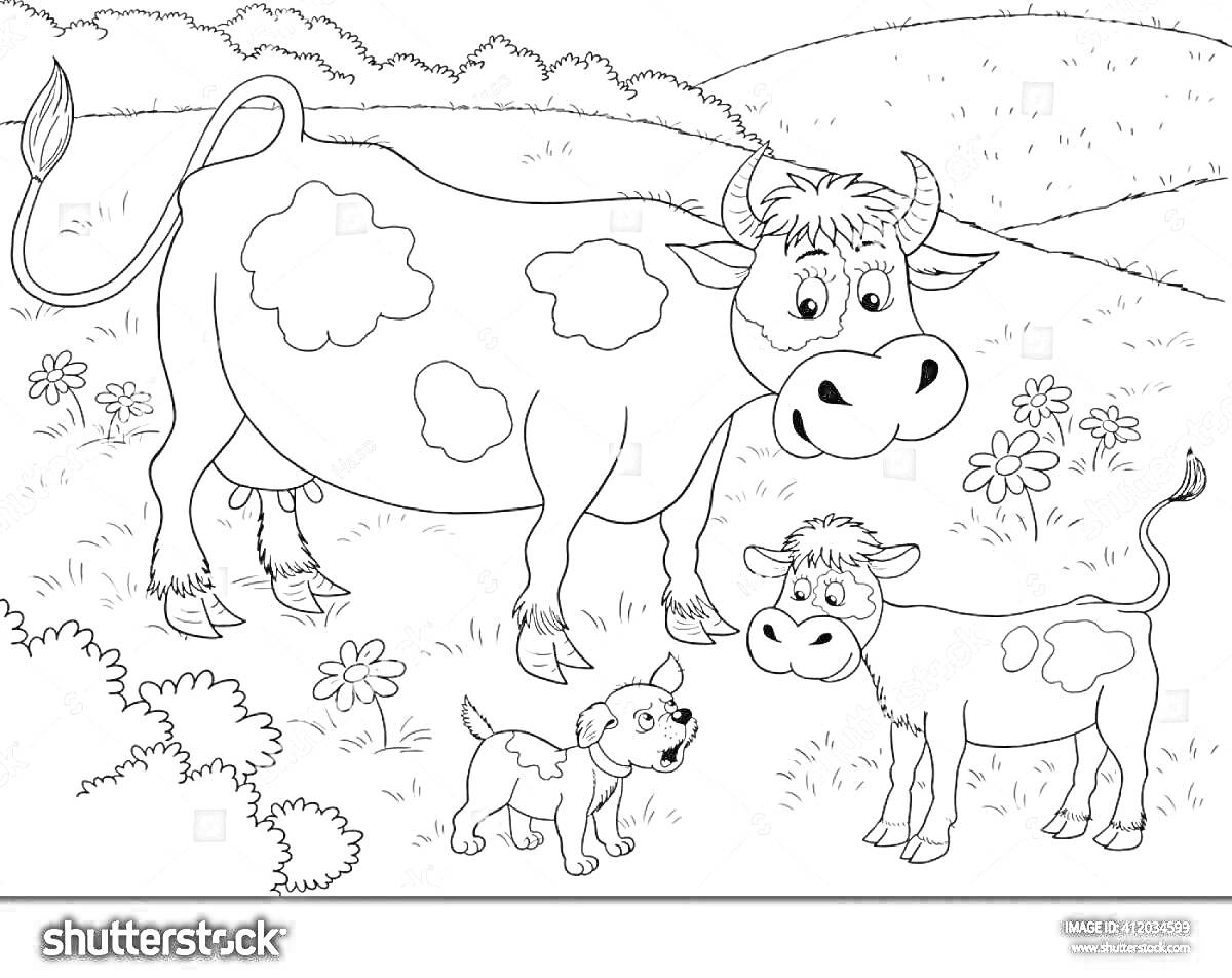 На раскраске изображено: Корова, Теленок, Луг, Цветы, Природа, Животные, Детеныши