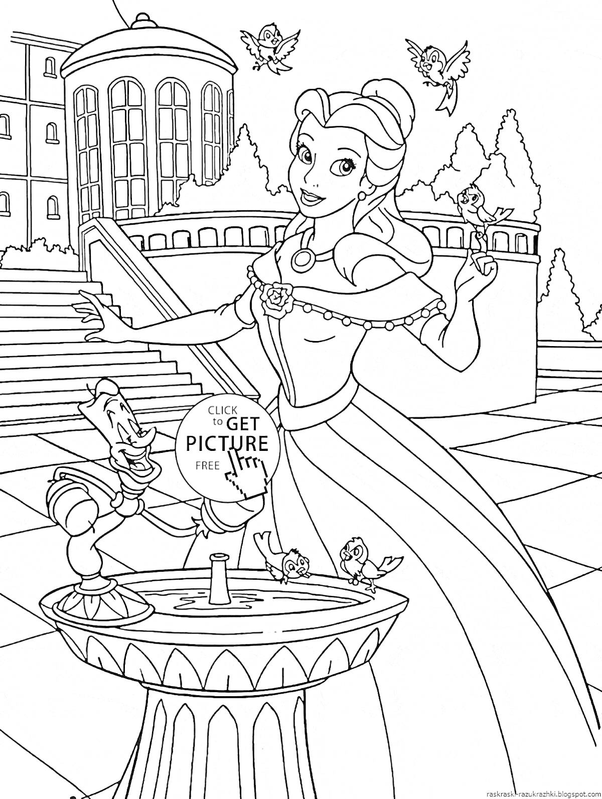 На раскраске изображено: Принцесса, Платье, Фонтан, Замок, Крепость, Из сказок, Для детей, Птица